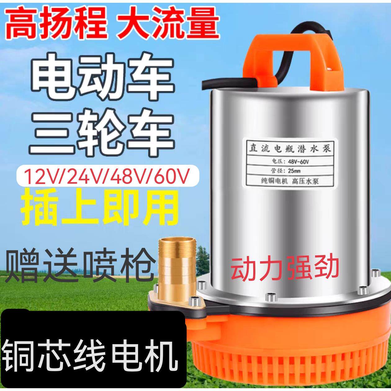 家用农用12V24V48V60V直流潜水泵电瓶车电动车抽水泵直流抽水机