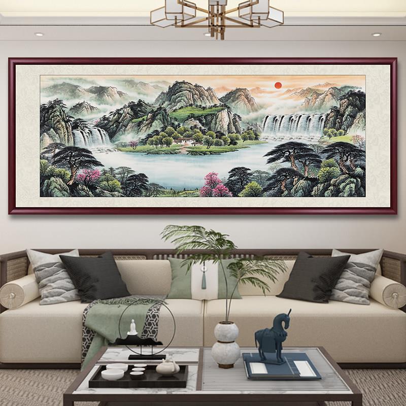 旭日东升国画山水画客厅挂画中式办公室装饰画手绘靠山图聚财壁画