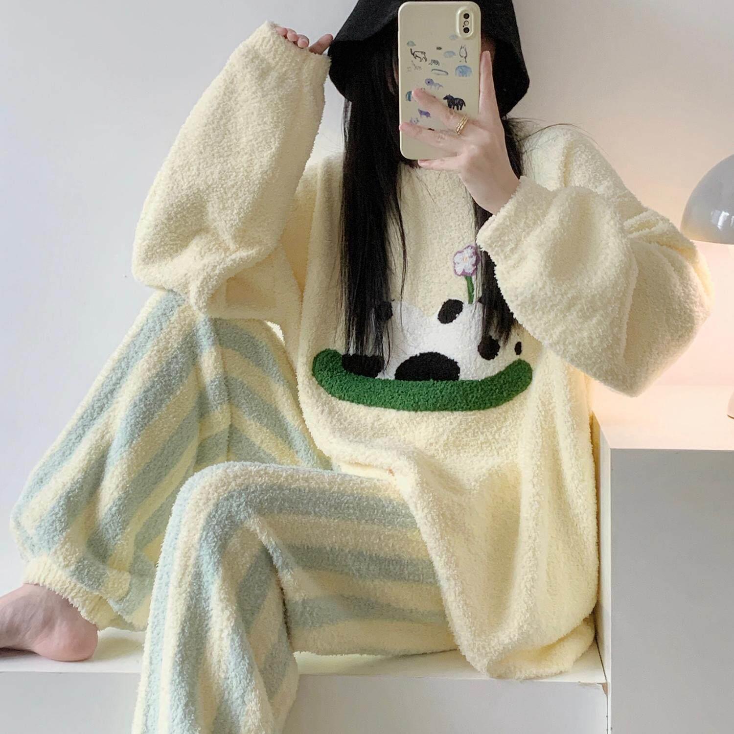 半边绒睡衣女秋冬季针织毛衣套装加绒加厚珊瑚绒家居服可外穿大尺