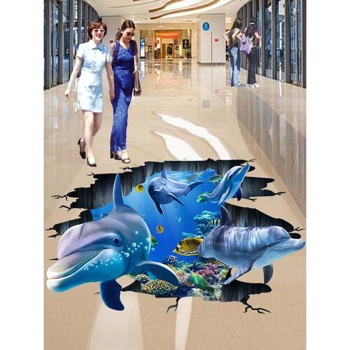 3D立体地板绘画海豚海底鱼墙壁贴纸防水地板贴纸儿童房间卧室客厅