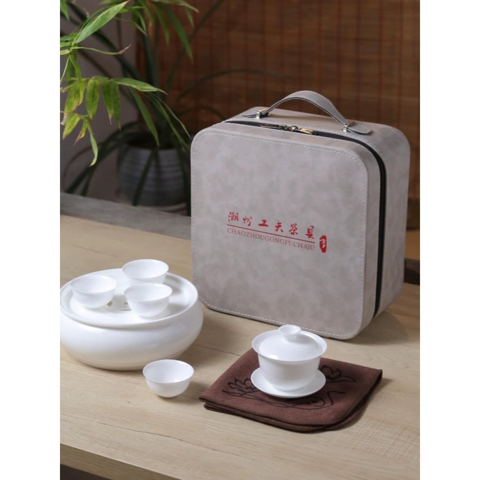 纪森潮州高端工夫茶具高温白瓷祖母绿龙泉釉盖碗杯子高骨旅行套装