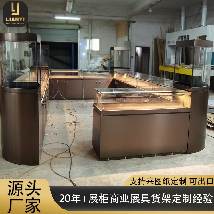 工厂定制珠宝展示柜带灯不锈钢玻璃珠宝柜台金银珠宝店展柜中岛柜