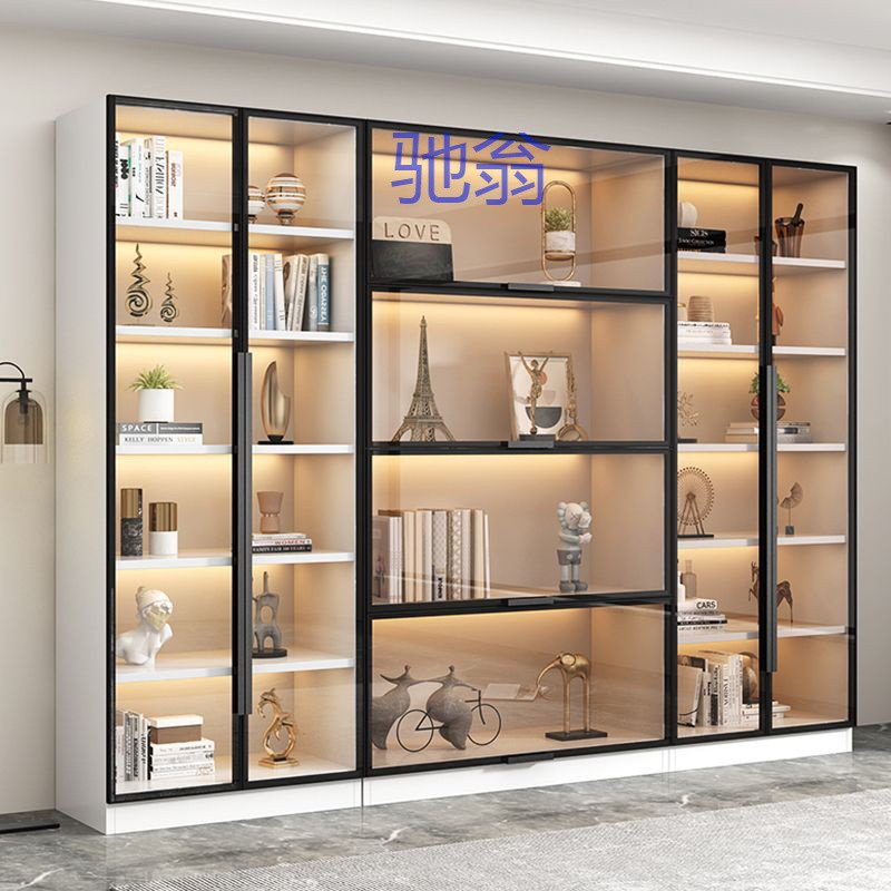 CWF现做书柜防尘书架一体组合整墙 带玻璃门轻奢现代简约客厅展示
