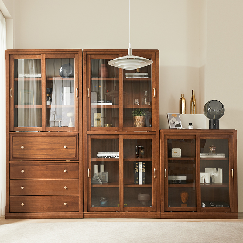 3Y实木推拉门书柜带玻璃门防尘美式组合书架落地客厅储物柜收纳展