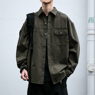 日系复古水洗做i旧多口袋工装 衬衣外 衬衫 男春秋基础宽松休闲长袖