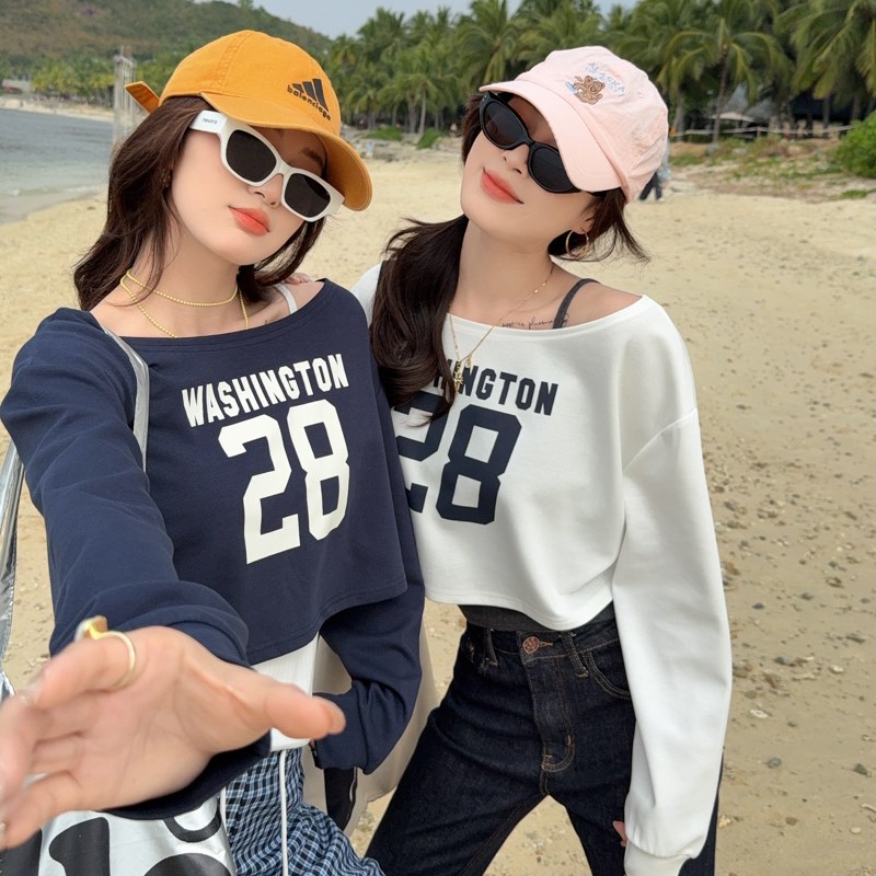 美式一字肩白色g上衣女2025新款长袖印花T恤吊带背心两件春季套装
