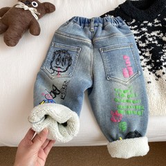 女童加绒裤子秋冬加厚牛仔裤休闲时髦涂鸦儿童保暖V冬季一条过冬