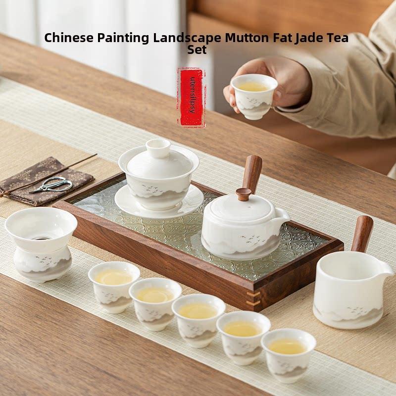 中国画元山羊肉肥玉茶具一套家用2023新功夫茶杯盖碗边柄茶壶成套