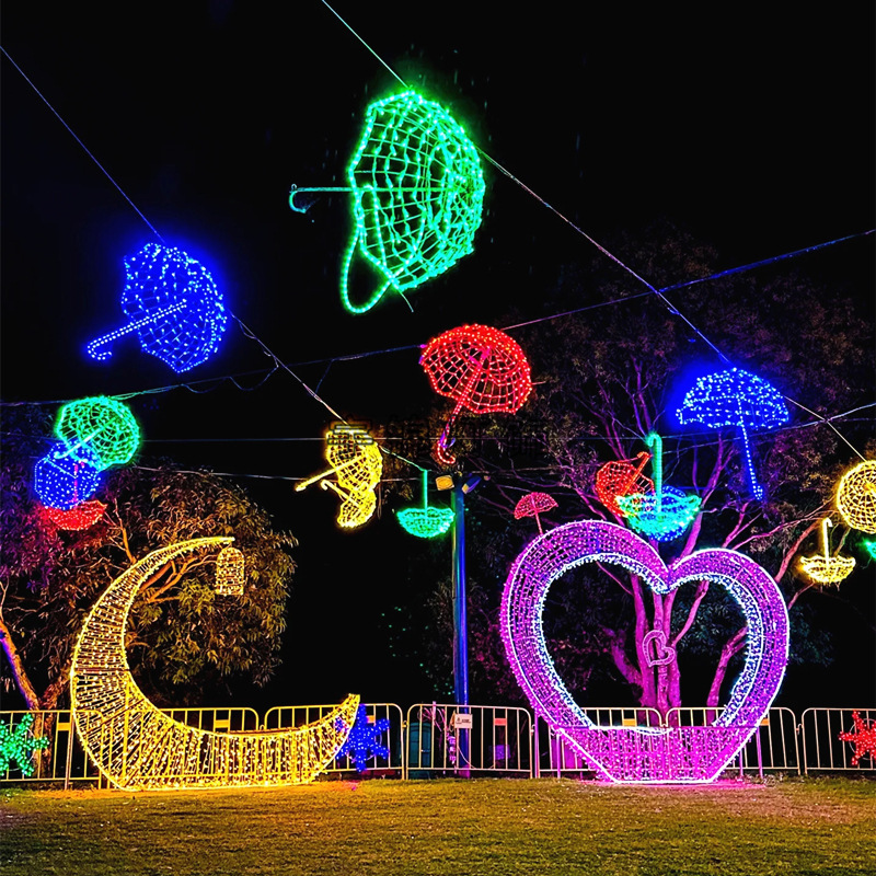 创意打卡拍照LED爱心月亮造型灯节日亮化城市街道装饰挂件伞图案