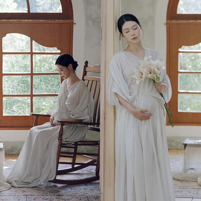 影楼孕妇拍照服装新中式禅意风白色仙气M连衣裙孕妈大肚照写真图片