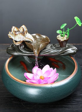 小型养鱼缸陶瓷流水器摆s件风水装饰盆景中式办公室家居加湿送礼