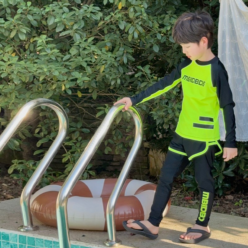 儿童装男童长袖泳衣泳裤小男孩亮绿色显眼泳装男孩户外骑行防晒服