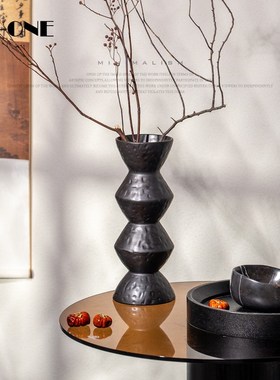 侘寂风花瓶复古怀旧鎏银黑色花瓶家居装饰品N民宿禅意手工陶瓷摆