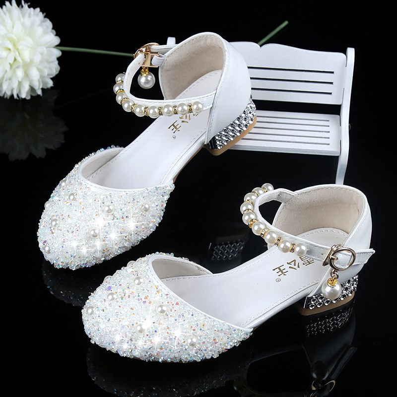 女童水晶公主鞋白色儿童高跟鞋模特走秀钢琴主持礼服演出皮鞋单鞋