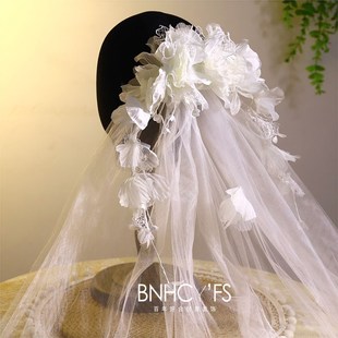 新款仙气手工蕾丝花朵头饰新娘浪漫港风头纱旅拍婚纱跟妆结婚配饰