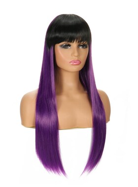 渐变直发化纤前蕾丝假发 wig 女士黑色/紫色中长直发半手织头套
