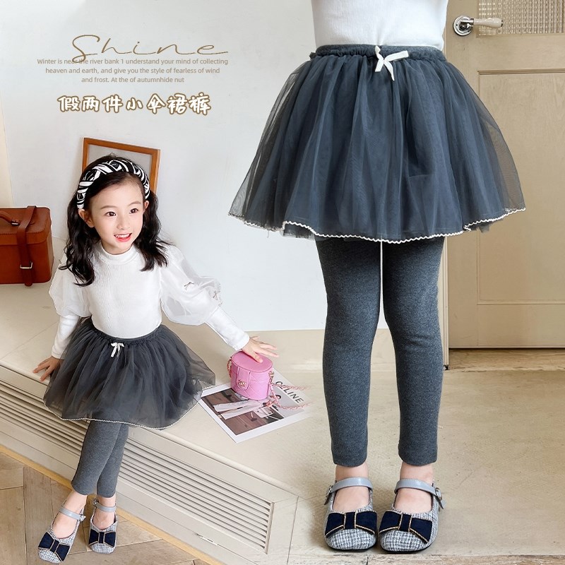 女童打底裤裤裙裙裤假两件网纱薄款春装一体裤子儿童宝宝春秋外穿