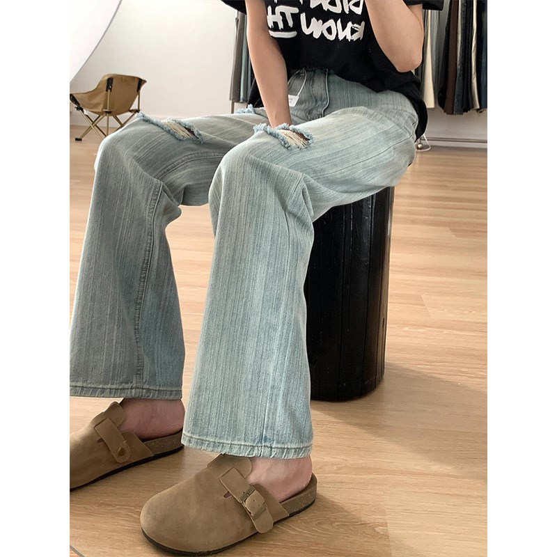 300斤大码女装复古破p洞牛仔裤女夏季胖mm学院风裤子显瘦阔腿长裤