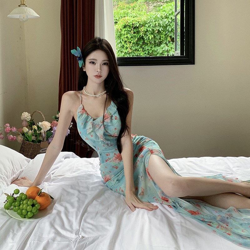 新款海边度假风氛围感甜辣妹高开叉绑带收腰雪S纺碎花连衣裙长裙