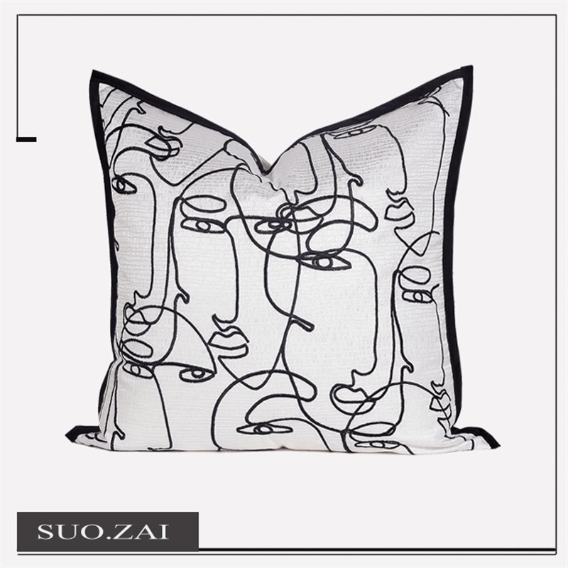 现代简约抱枕沙发客厅靠枕床头靠垫diyK包枕黑白色人脸绣花方枕