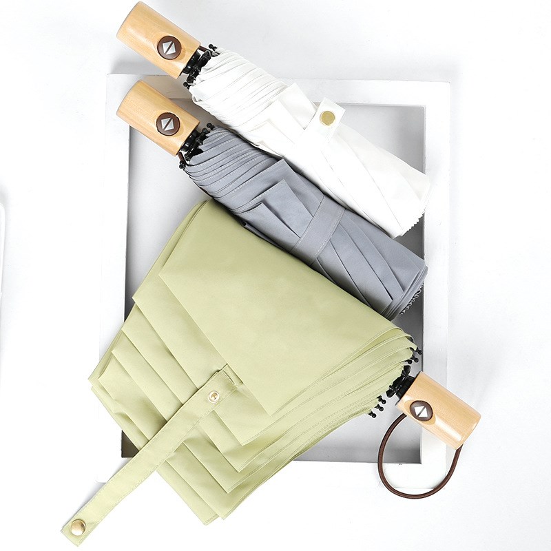 复古实木手柄三折自动伞纯色折叠商务晴雨伞可加印logo雨伞广告伞