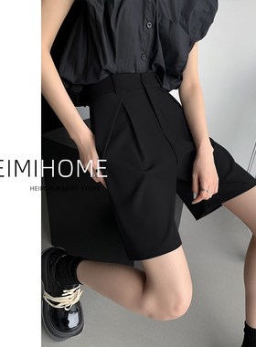 黑灰色西装短裤女k夏薄款高腰宽松休闲阔腿中裤小个子a字五分裤潮
