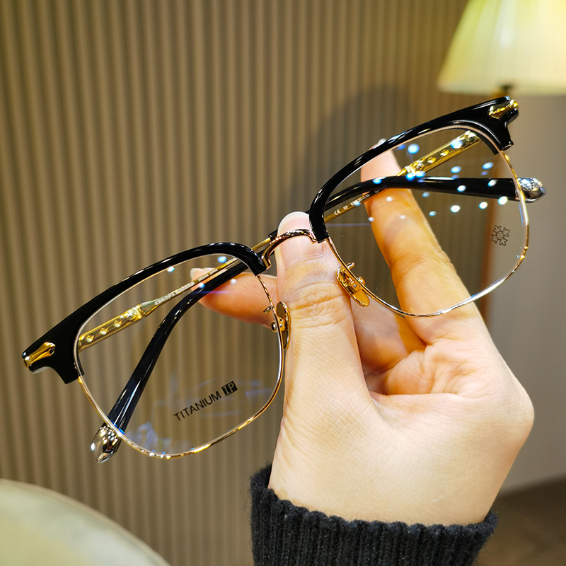 潮款萝心超轻f眼镜框复古男女半框大脸加宽纯钛架防蓝光可配近视