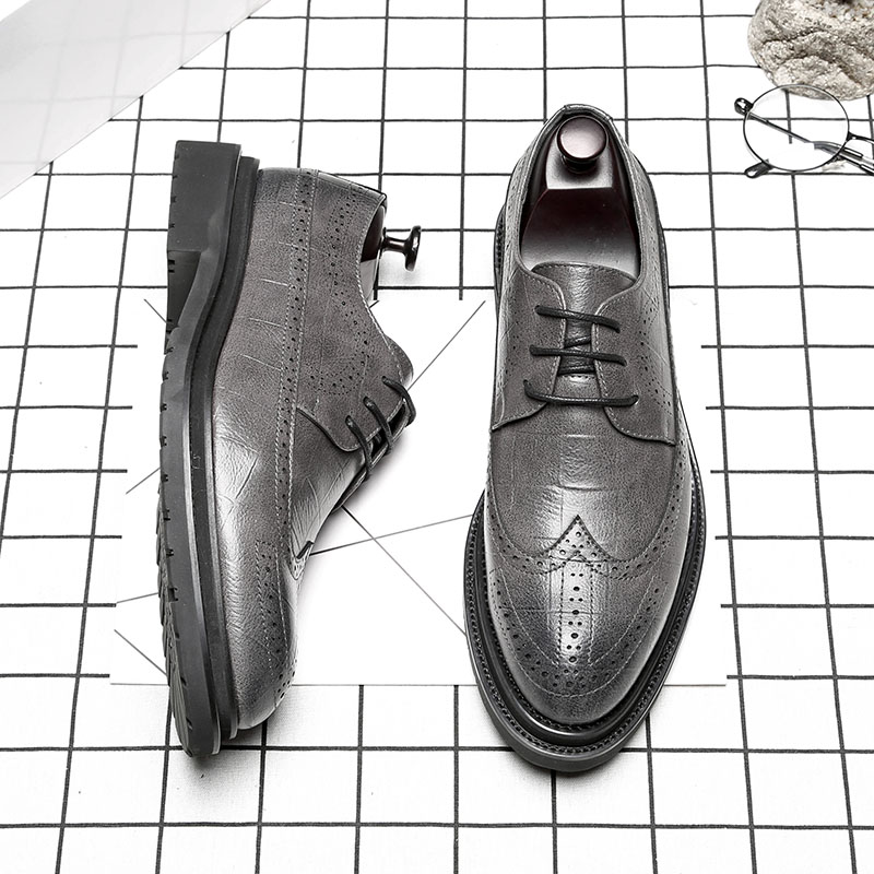 灰色皮鞋男商务正装尖头英伦配西装鞋厚底青年韩版系带内增高男鞋