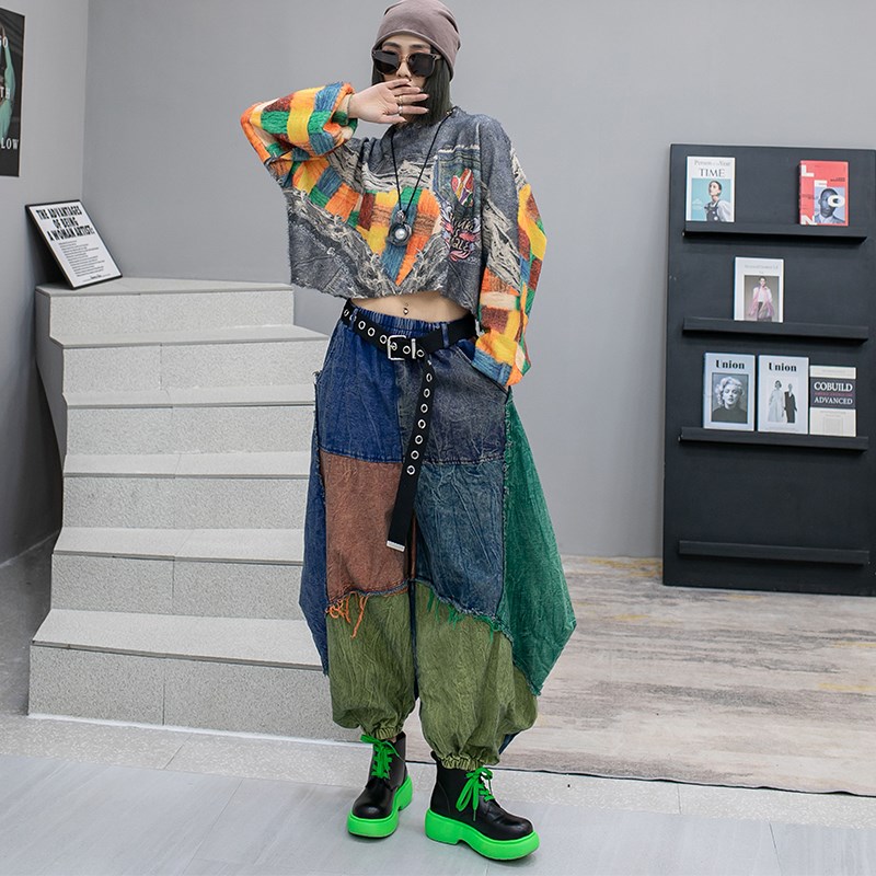 潮酷个性小众撞色时尚套装女202C5春新品宽松洋气牛仔阔腿裤两件