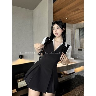 黑泽玄七2024夏季新款微胖显瘦小众学J院风收腰气质黑色连衣裙女