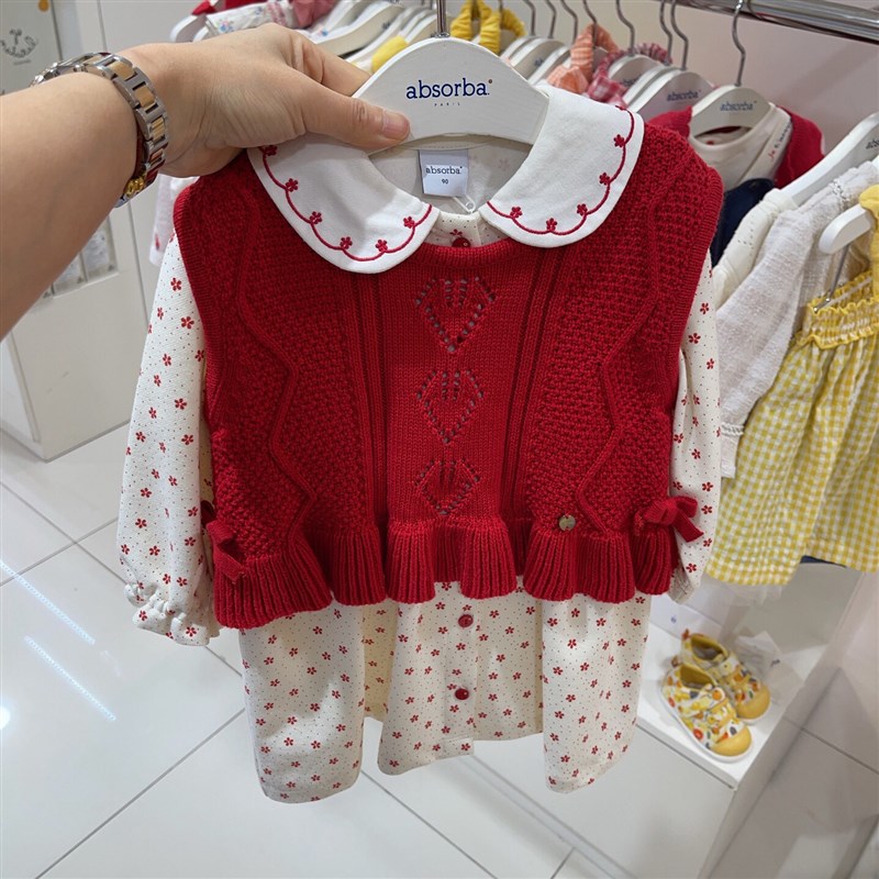 韩国童装 春秋新款女童宝纯棉碎花连衣裙 红色针织马甲甜美范套装