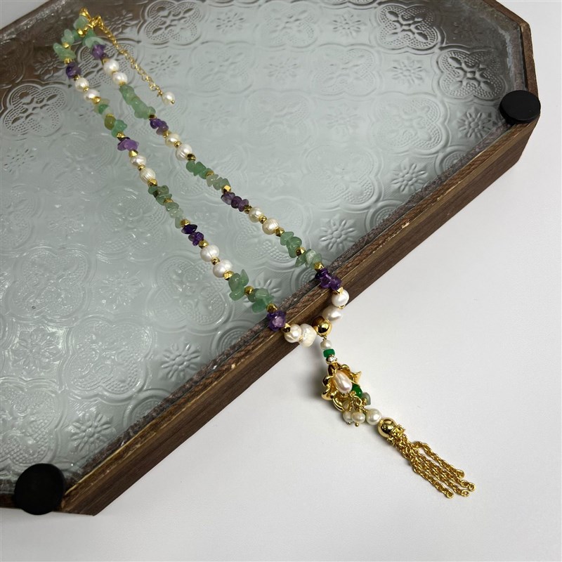 高级感小众设计彩色淡水珍珠响铃花耳钉项链套装小众女饰品