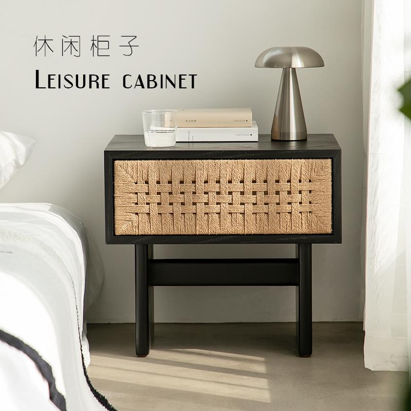 中古实木编绳织床头柜家用客厅沙发边柜北欧民宿设计师创意收纳柜