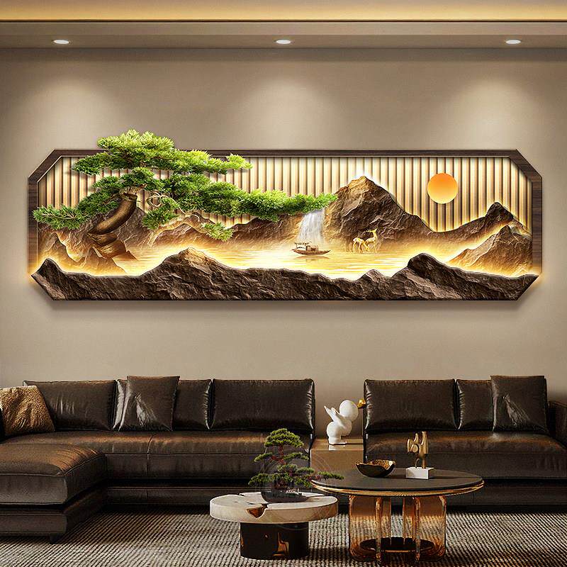 新中式客厅装饰画背有靠山电视沙发背景墙挂画高级感迎客松壁饰画