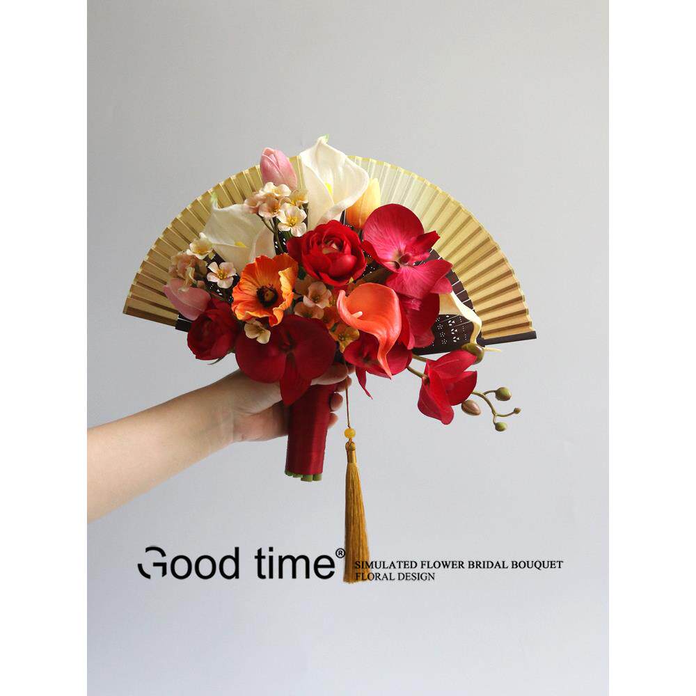 折扇中国风红色手持人造花玫瑰蝴蝶兰花旗袍绣河新娘婚纱摄影家金