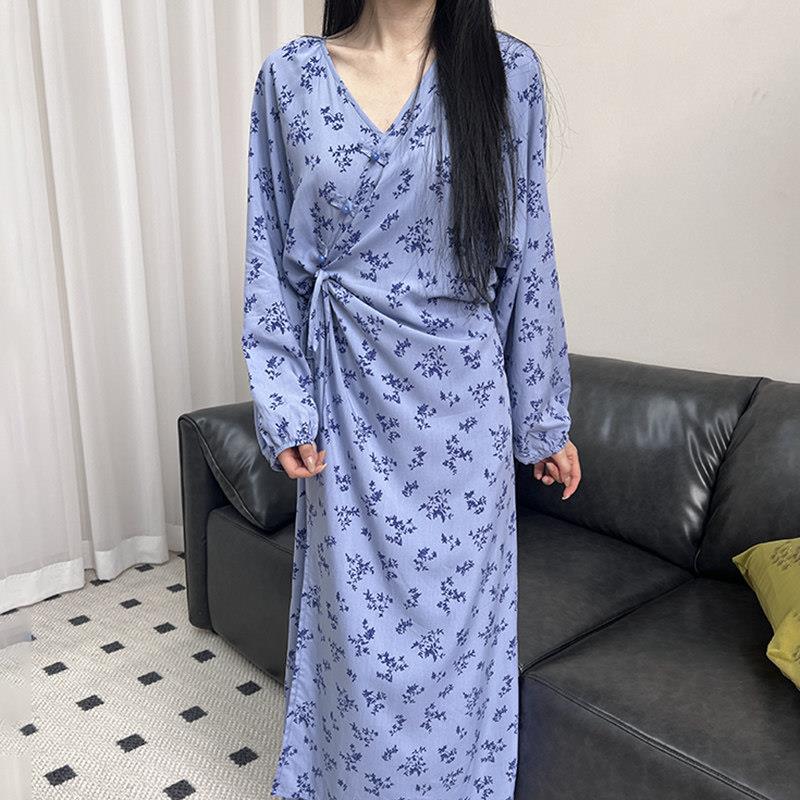 2025年新款棉绸睡裙女春夏季睡衣新中式国风显瘦V领款连衣裙复古