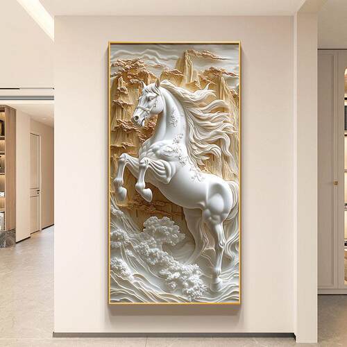 骏马图走廊尽头挂画现代简约马到成功入户玄关装饰画立体浮雕壁画