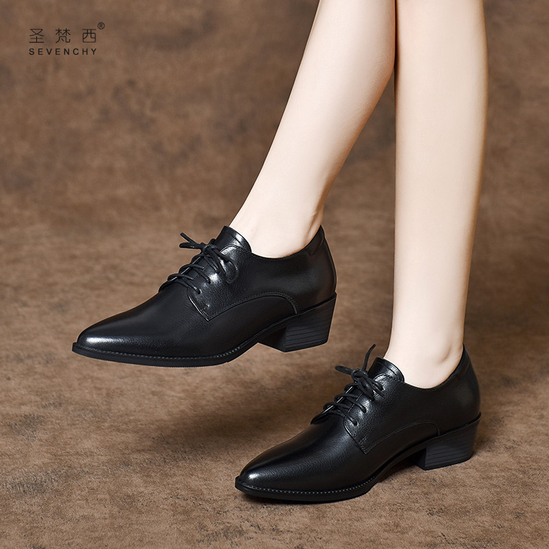 2025新款春季女鞋尖头系带粗跟深口单鞋中跟真皮英伦风小皮鞋春秋,女鞋,深口单鞋,淘宝优惠券,粉丝福利购,淘宝优惠卷