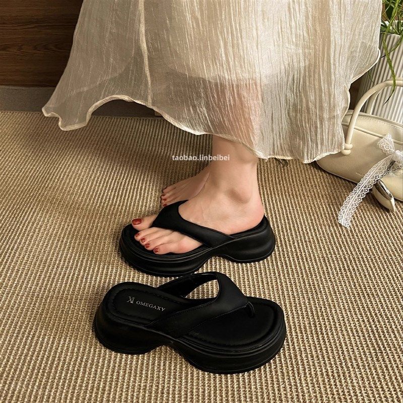 林北北黑色增高厚底人字拖鞋女款夏季外穿仙女风踩屎感凉拖鞋女鞋,女鞋,人字拖,淘宝优惠券,粉丝福利购,淘宝优惠卷