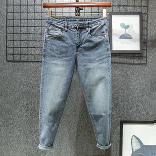 薄款 潮流休闲浅色裤 浅蓝九分牛仔裤 小脚裤 子 男水洗修身 2021年夏季