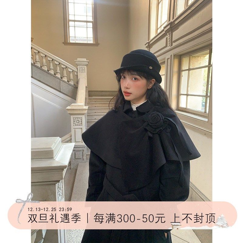 霍里德地图留洋千金黑色毛呢大衣外套女冬胸花斗篷披肩两件套,女装/女士精品,毛呢外套,淘宝优惠券,粉丝福利购,淘宝优惠卷