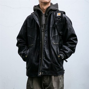 美式 夹克潮 复古做旧水洗立领PU皮衣外套男秋冬宽松设计感小众工装