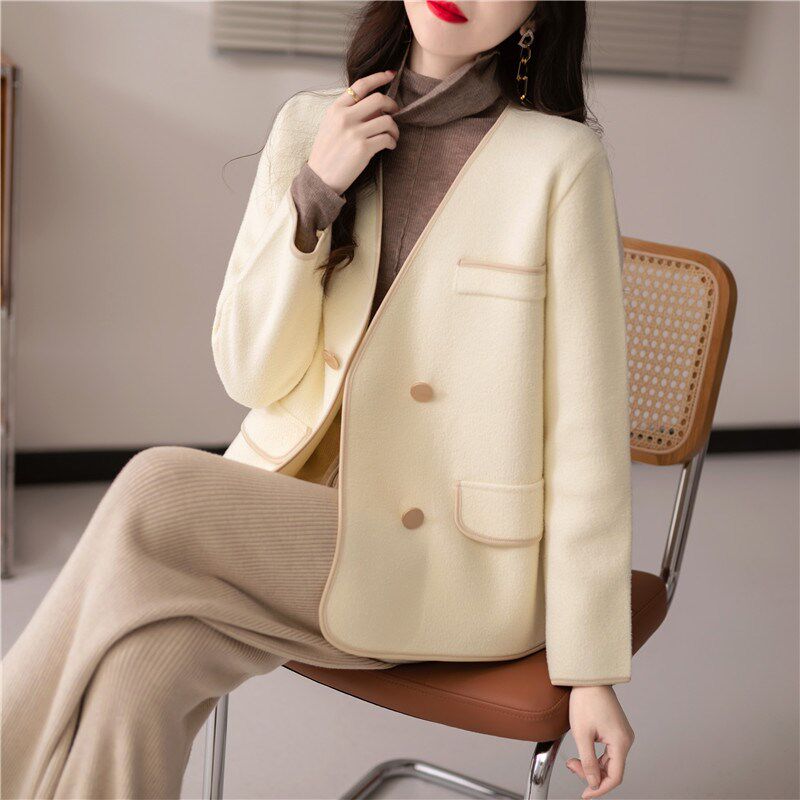 短款毛呢外套女秋冬季新款宽松V领时尚双面呢针织开衫小个子上衣,女装/女士精品,毛呢外套,淘宝优惠券,粉丝福利购,淘宝优惠卷