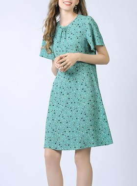 夏季欧货胖mm大码女装a字别致惊艳绝美绿色花印连衣裙子新款时尚
