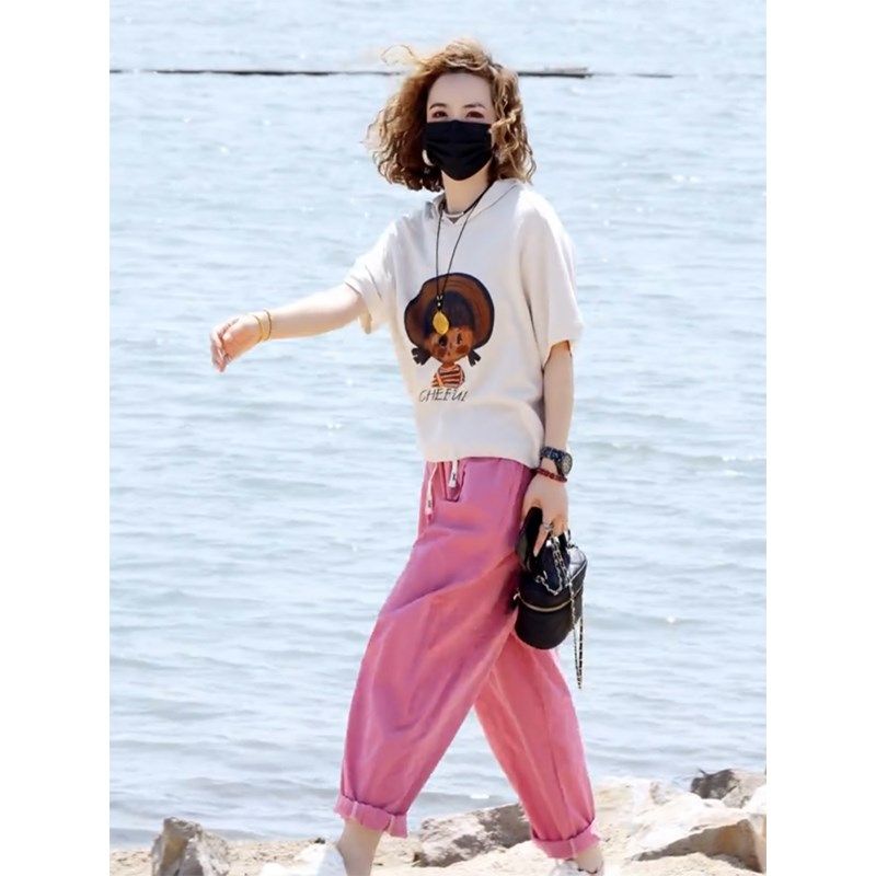 时尚两件套装女2025年夏新款小女孩连帽印花T恤+显瘦水洗棉哈伦裤,女装/女士精品,时尚套装,淘宝优惠券,粉丝福利购,淘宝优惠卷