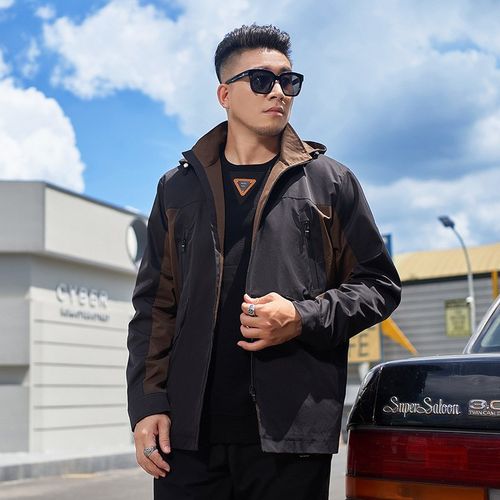 加肥加大码装秋装新款撞色飞行服连帽外套多口袋宽松工装夹克男