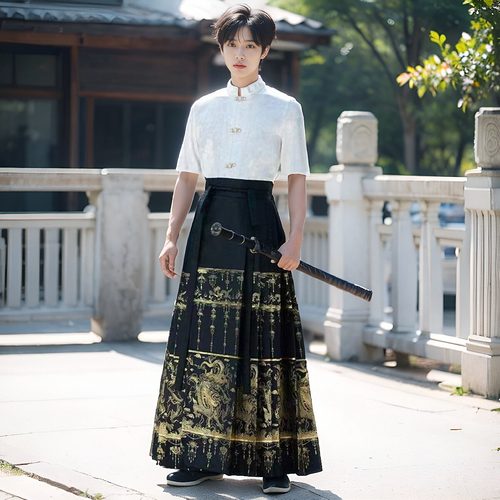 大码龙纹织金日常可穿马面裙一整套夏季上衣短袖汉服男中国风男款