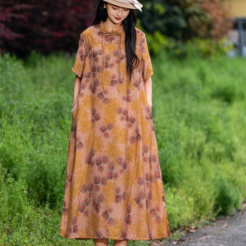 夏季新款复古风丝麻印花立领短袖盘扣连衣裙女宽松显瘦A字长裙女,女装/女士精品,连衣裙,淘宝优惠券,粉丝福利购,淘宝优惠卷