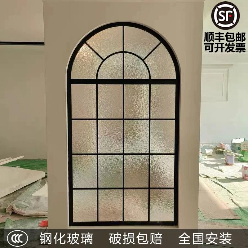 法式玻璃隔断拱形屏风假窗户覆古创意客厅玄关入户门墙面铁艺装饰