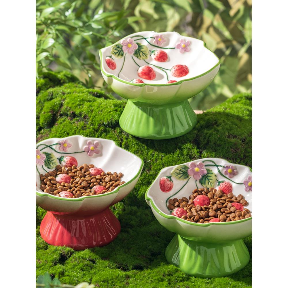 宠物陶瓷草莓慢食碗高脚设计防噎食防打翻猫碗护颈椎狗狗慢食碗